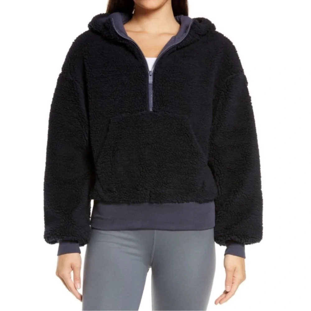 Alo Streetside Quarter Zip Hooded Fleece Jacket Navy Blue XS